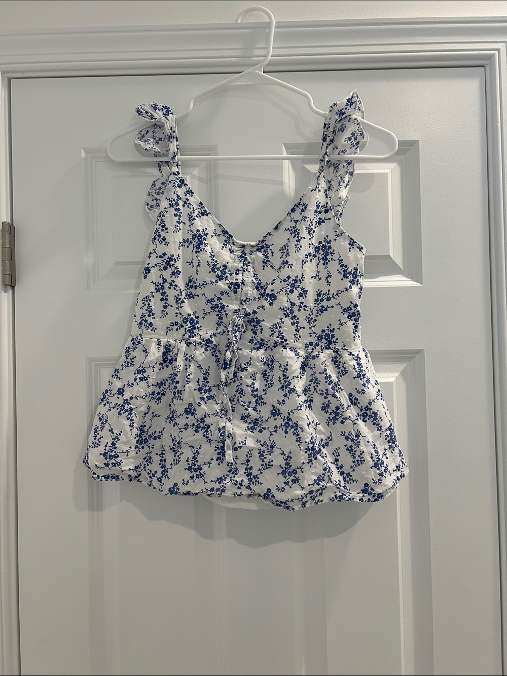 Women's White and Blue Floral Peplum Tank Top - Pink Lily